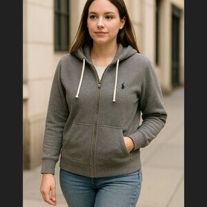 Y2K Polo Ralph Lauren Full Zip Hooded Jacket Sz XS Gray Waffle Cotton Pony READ